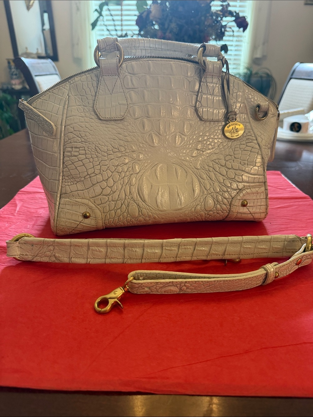 Brahmin Croc-Embossed Satchel White - Picture 3 of 12